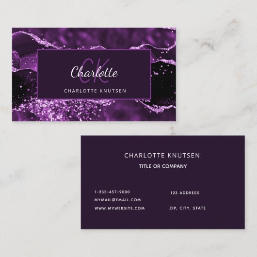 Lila agate rosa Marmor Glitzer Monogramm Visitenkarte (Vorne/Hinten)