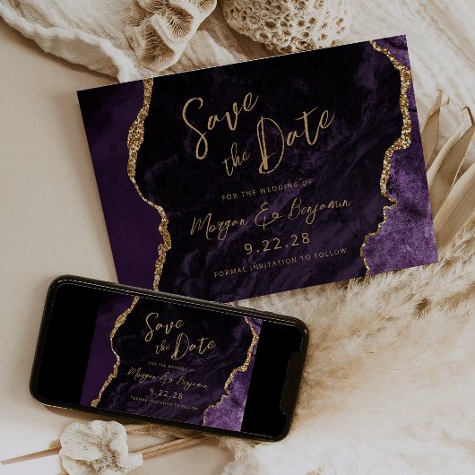 Lila Agate Script-Hochzeit speichern Sie das Datum Save The Date