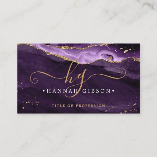 Lila Agate Script Monogram QR Code Glitzer Visitenkarte (Vorderseite)