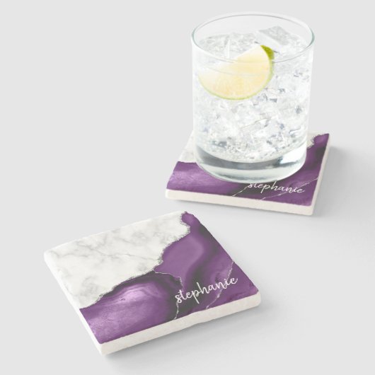 Lila Agate Signature White Marbour Silver Steinuntersetzer (Seitenansicht)