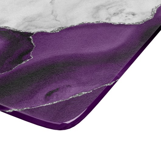 Lila Agate Silver Glitzer aus weißem Marmor Schneidebrett (Ecke)