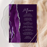 Lila Agate Silver Modern Script Plum Wedding Menükarte<br><div class="desc">Dieses elegante,  moderne Hochzeitsmenü bietet eine lila Aquarellwand mit vergoldetem Imitat silbernen Glitzer. Der anpassbare Text kombiniert silbergraues Handschriftenskript und sans Serif-Schriftart auf einem Pflaumenhintergrund. Das lila und silberne Agerdesign wird auf der Rückseite wiederholt.</div>