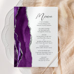 Lila Agate Silver Modern Script Wedding Menükarte<br><div class="desc">Dieses elegante,  moderne Hochzeitsmenü bietet eine lila Aquarellwand mit vergoldetem Imitat silbernen Glitzer. Der benutzerdefinierbare Text kombiniert handgeschriebene handgeschriebene Schriftzeichen aus Holzkohle und serifenlose Schriftart auf weißem Hintergrund. Das lila und silberne Agerdesign wird auf der Rückseite wiederholt.</div>