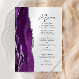 Lila Agate Silver Modern Script Wedding Menükarte