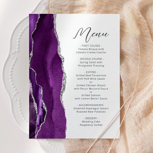 Lila Agate Silver Modern Script Wedding Menükarte