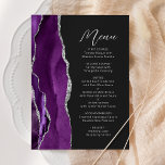 Lila Agate Silver Modern Script Wedding Menükarte<br><div class="desc">Dieses elegante,  moderne Hochzeitsmenü bietet eine lila Aquarellwand mit vergoldetem Imitat silbernen Glitzer. Der anpassbare Text kombiniert silbergraues Handschriftenskript und singt Serif-Schriftart auf schwarzem Hintergrund. Das lila und silberne Agerdesign wird auf der Rückseite wiederholt.</div>