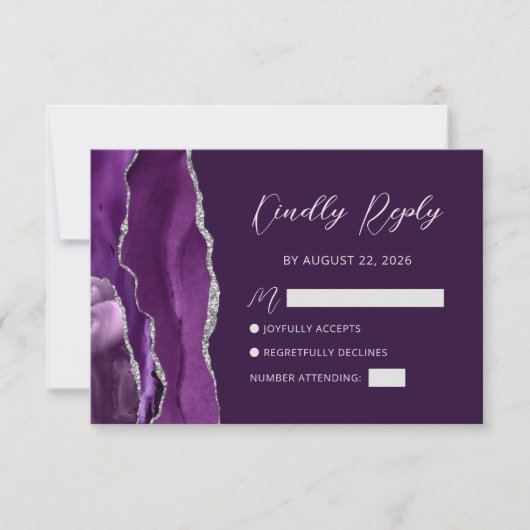 Lila Agate Silver Script Wedding RSVP Card (Vorderseite)
