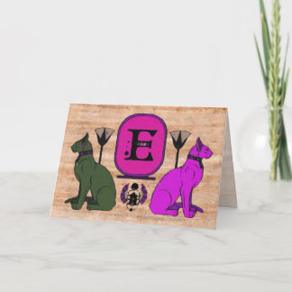 Lila ägyptische Katzen-Monogramm-Gruß-Karte: E