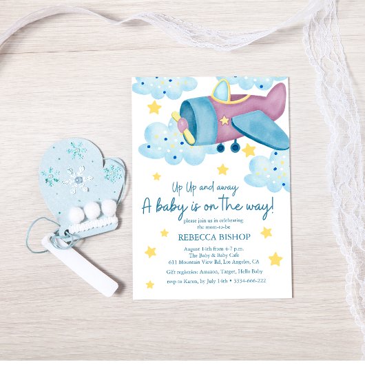 Lila Airplane Babydusche auf und ab Einladung