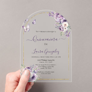 Lila Akrylthema quinceañera Acryleinladungen