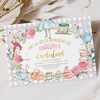 Lila Alice im Wunderland 1. Geburtstag Mad Tee Einladung