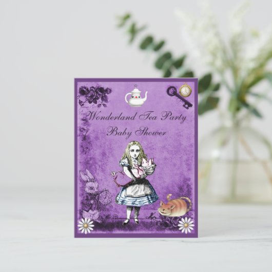 Lila Alice im Wunderland Tea Party Babydusche Einladung (Stehend Vorderseite)