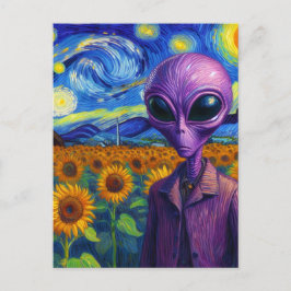 Lila Alien in Imitaten Van Gogh Sonnenblumenfeld Postkarte