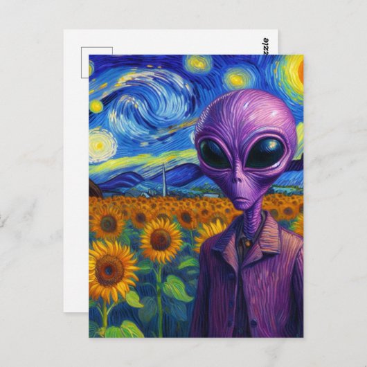 Lila Alien in Imitaten Van Gogh Sonnenblumenfeld Postkarte (Vorne/Hinten)