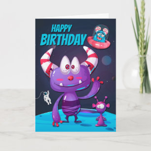 Lila Alien mit Raumschiff für Happy Birthday Karte