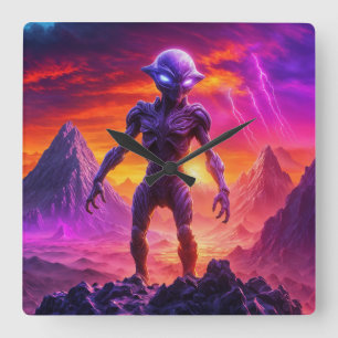 Lila Alien Quadratische Wanduhr