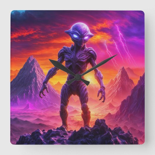 Lila Alien Quadratische Wanduhr (Vorderseite)