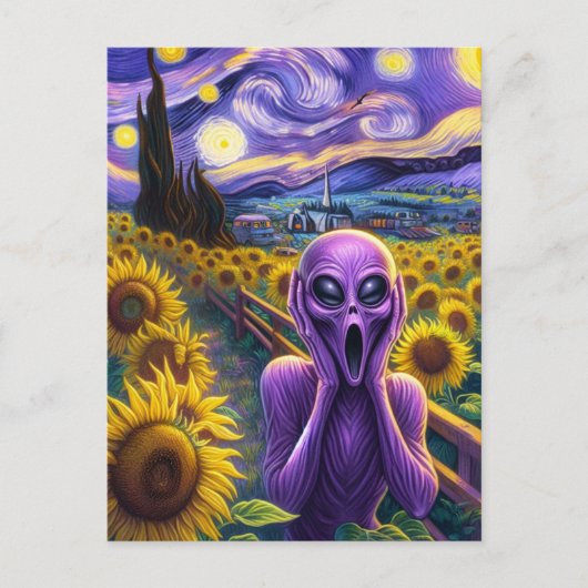Lila Alien schreit Sonnenblumen Imitate Van Gogh Postkarte (Vorderseite)