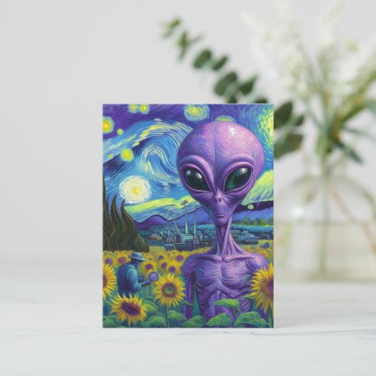 Lila Alien Van Gogh Sunflower Field Postkarte (Stehend Vorderseite)