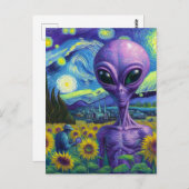 Lila Alien Van Gogh Sunflower Field Postkarte (Vorne/Hinten)