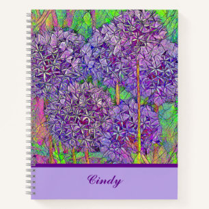 Lila Allium Mosaik mit Wasserfarbe mit Name Notizblock