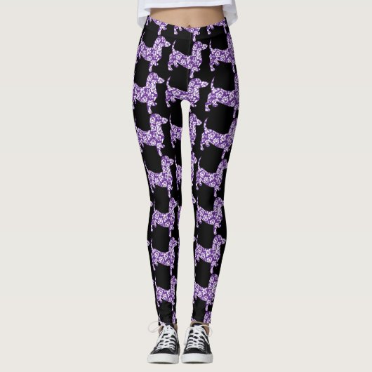 Lila Aloha-Dackel Leggings (Vorderseite)
