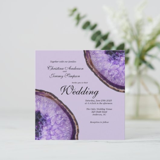 Lila Amethyst Agate Wedding Einladung (Stehend Vorderseite)