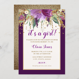 Lila Amethyst Baby-Duschen-mit Blumeneinladung Einladung