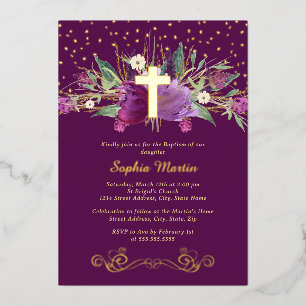 Lila Amethyst Blumen Gold Kreuz Taufe Folieneinladung