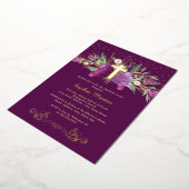 Lila Amethyst-Floral-Gold-Cross-Taufe Folieneinladung (Gedreht)