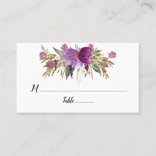 Lila Amethyst Floral Gold Glitzern flach Platzkarte (Vorderseite)