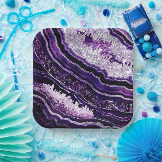 Lila Amethyst Geode und Silberne digitale Kunst Pappteller (Party)