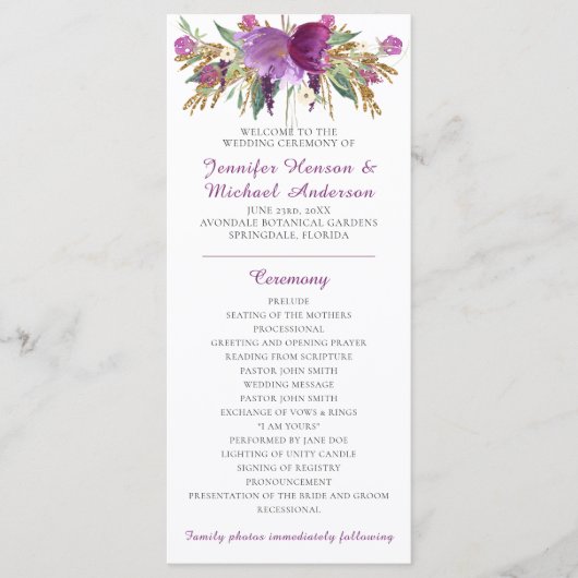Lila Amethyst Gold Glitter Hochzeitsprogramm Programm (Vorderseite)