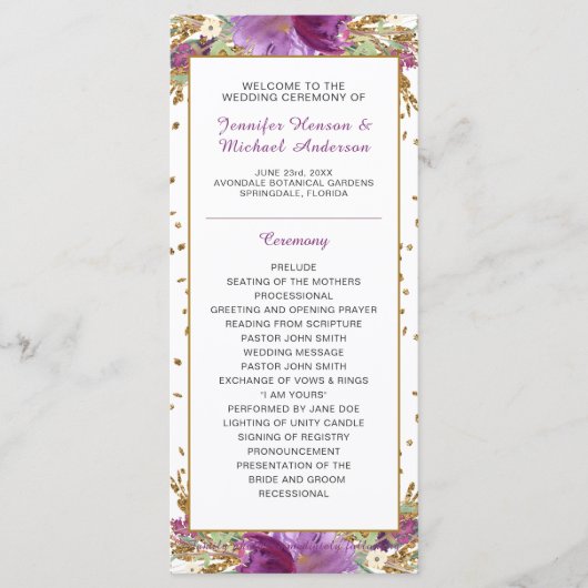 Lila Amethyst Gold Glitter Rahmen Hochzeitsprogram Programm (Vorderseite)