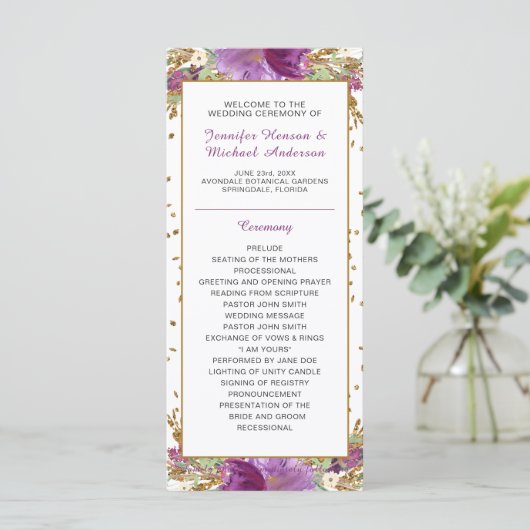 Lila Amethyst Gold Glitzer Frame Wedding Programm (Stehend Vorderseite)