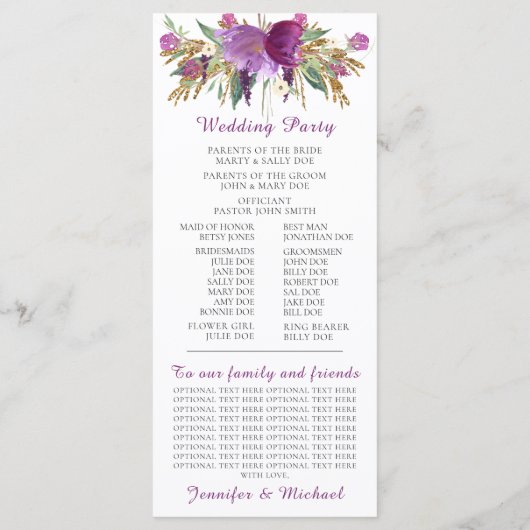 Lila Amethyst-Gold-Glitzer-Hochzeitsprogramm Programm (Rückseite)