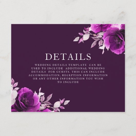 Lila Amethyst & Indidigo, Violethochzeiten Details Begleitkarte (Vorderseite)