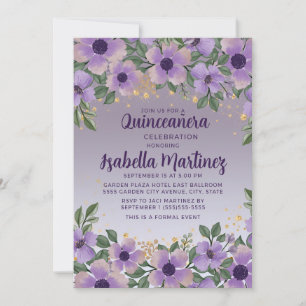 Lila Amethyst Lavender Gold Glitzer Quinceañera Einladung