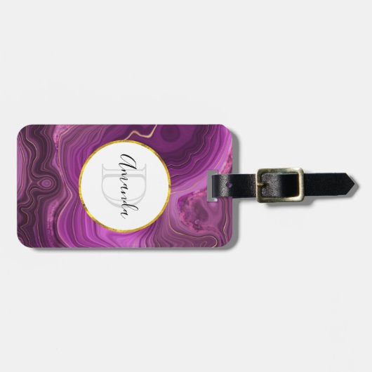 Lila Amethyst und Abstraktes Agate Monogramm Gepäckanhänger (Vorderseite horizontal)