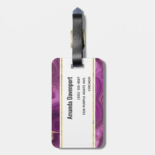 Lila Amethyst und Abstraktes Agate Monogramm Gepäckanhänger (Rückseite vertikal)