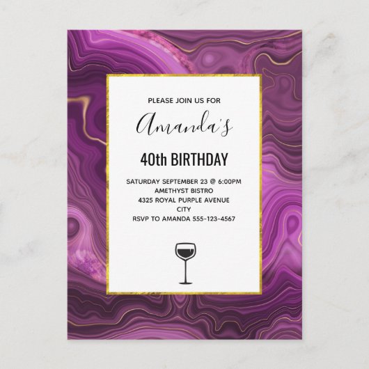 Lila Amethyst und Abstraktes Gold Einladungspostkarte (Vorderseite)