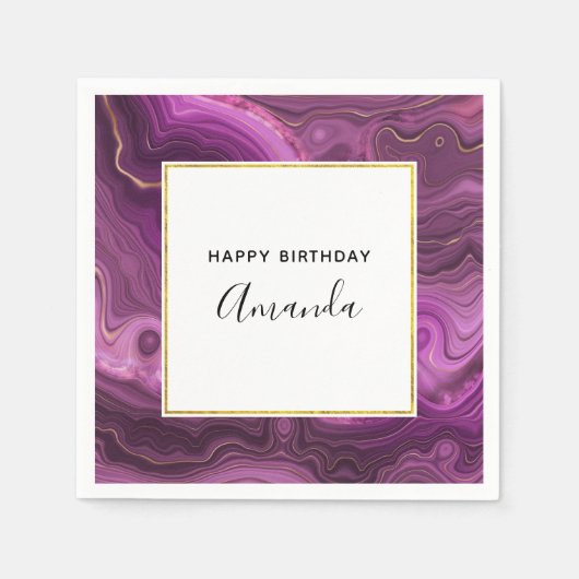 Lila Amethyst und Gold Abstrakt Agate Geburtstag Serviette (Vorderseite)