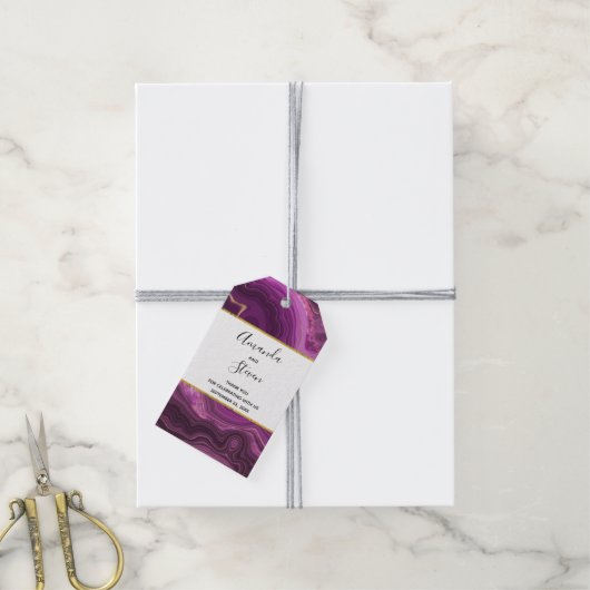 Lila Amethyst- und Gold-Abstrakt Agate-Hochzeit Geschenkanhänger (Mit Garn)