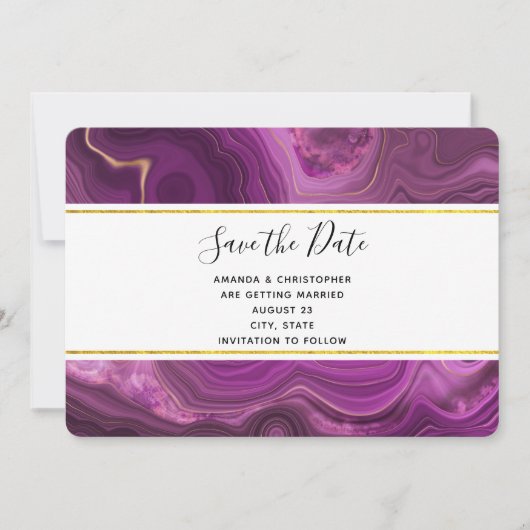 Lila Amethyst- und Gold-Abstrakt Agate-Hochzeit Save The Date (Vorderseite)