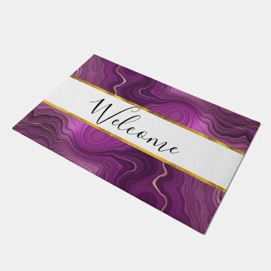 Lila Amethyst und Gold Abstrakte Agate Willkommen Fußmatte (Schrägansicht)