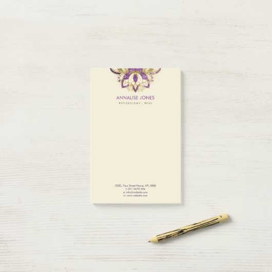 Lila Amethyst- und Goldrahmen Lotos Post-it Klebezettel (Auf Schreibtisch)