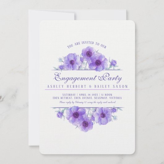 Lila Anemon-Blütenfarbe Verlobung Einladung (Vorderseite)