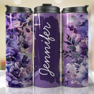 Lila Anemone Floral Add Name Custom Gift Thermosbecher