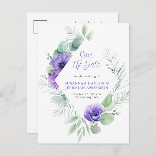 Lila Anemone Grünrahmen Save the Date Ankündigungspostkarte (Vorne/Hinten)