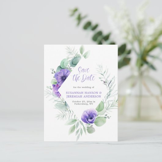 Lila Anemone Grünrahmen Save the Date Ankündigungspostkarte (Stehend Vorderseite)